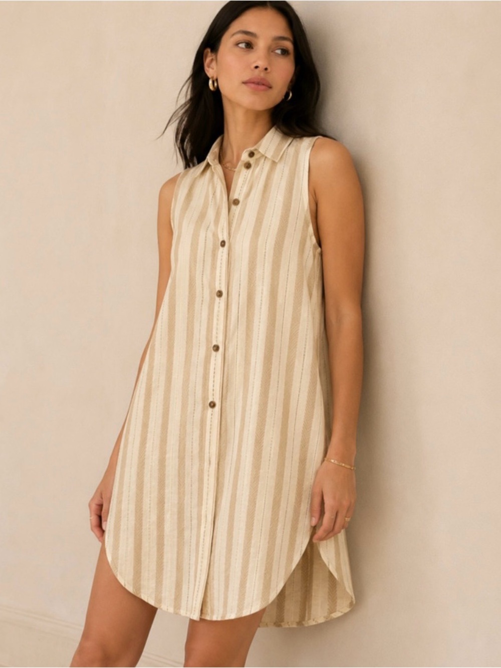 Anthropologie Striped Sleeveless Button up long shirt Cream & Beige- like new